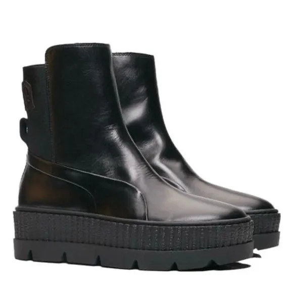 Puma x Fenty Black Leather Platform Chelsea Sneaker Boots Size 6
