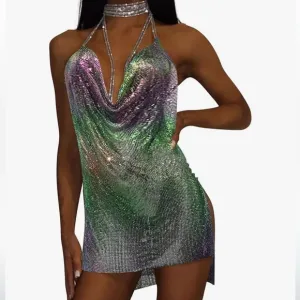 Purple mermaid metallic unicorn goddess dress chain sexy club festival rave