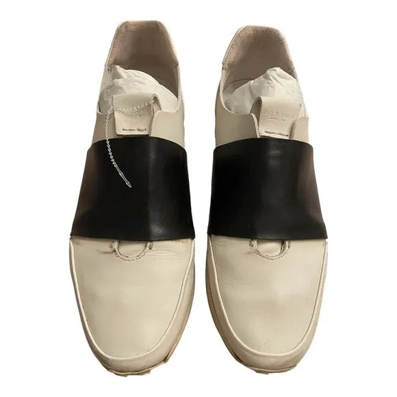 Rag &amp; Bone Dylan Elastic Runner Sneaker Shoes Slip On Leather White Black Sz 9.5