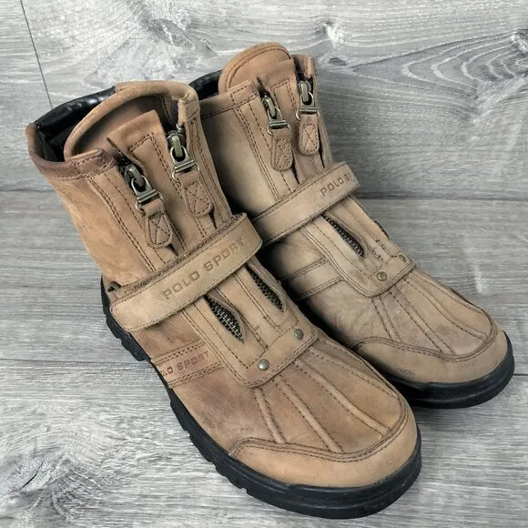 Ralph Lauren Mens Conquest High Leather Hiking Boots Size 5 Brown Double Zip