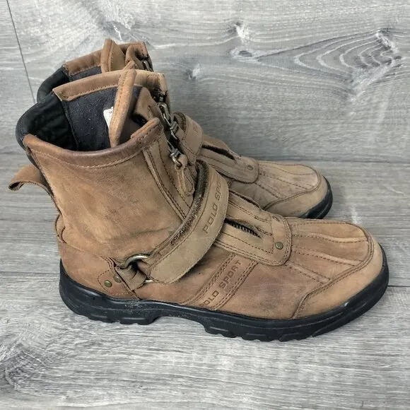 Ralph Lauren Mens Conquest High Leather Hiking Boots Size 5 Brown Double Zip