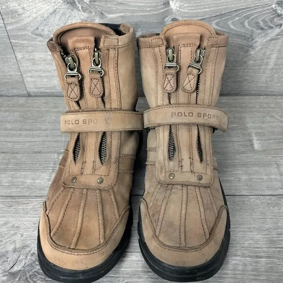 Ralph Lauren Mens Conquest High Leather Hiking Boots Size 5 Brown Double Zip