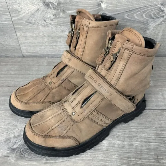 Ralph Lauren Mens Conquest High Leather Hiking Boots Size 5 Brown Double Zip