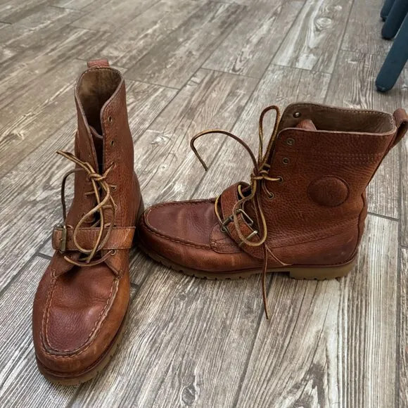 Ralph Lauren Polo Ranger Hiking Boots Mens 8.5 Leather Buckle Lace Tan Old Money