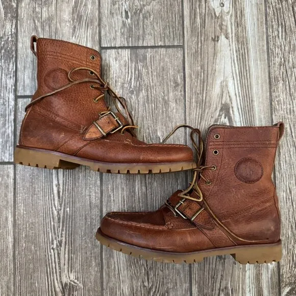 Ralph Lauren Polo Ranger Hiking Boots Mens 8.5 Leather Buckle Lace Tan Old Money
