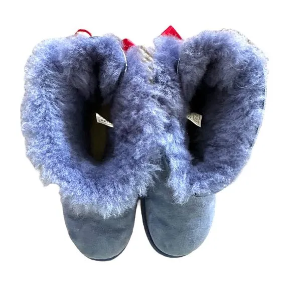 Rare Ugg Liberty mini Bailey blue red paisley bow sheepskin suede boots size 6
