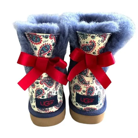 Rare Ugg Liberty mini Bailey blue red paisley bow sheepskin suede boots size 6