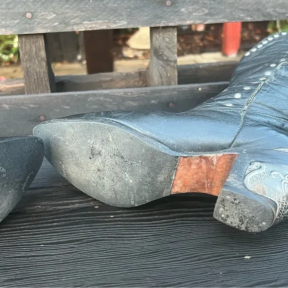 Rare Vintage 80s Zodiac Black Leather Studded Cowgirl Boots –  7.5 – Vibram Sole