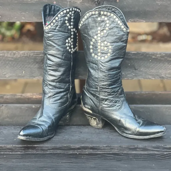 Rare Vintage 80s Zodiac Black Leather Studded Cowgirl Boots –  7.5 – Vibram Sole