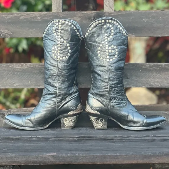 Rare Vintage 80s Zodiac Black Leather Studded Cowgirl Boots –  7.5 – Vibram Sole