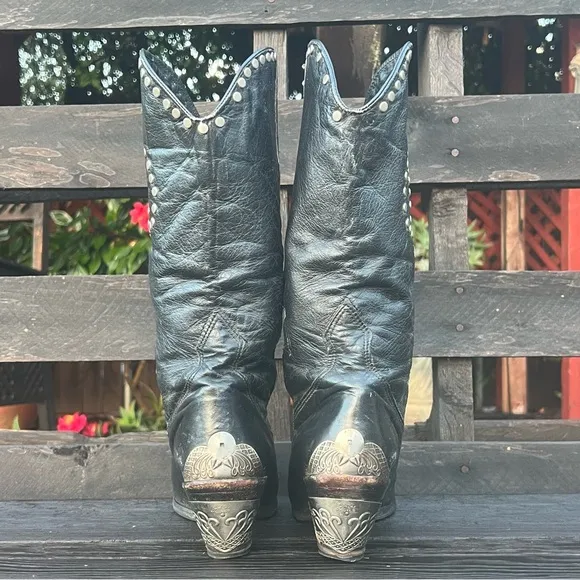 Rare Vintage 80s Zodiac Black Leather Studded Cowgirl Boots –  7.5 – Vibram Sole