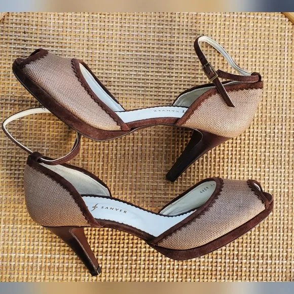 Rebeca Sanver Brown Tan Peep-Toe Heels Sz 39.5