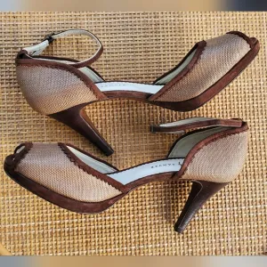 Rebeca Sanver Brown Tan Peep-Toe Heels Sz 39.5