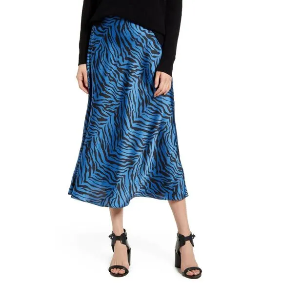 Rebecca Minkoff Zebra Print Midi Skirt Size 6 Sapphire Satin Twill Animal Print