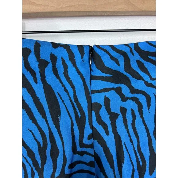 Rebecca Minkoff Zebra Print Midi Skirt Size 6 Sapphire Satin Twill Animal Print
