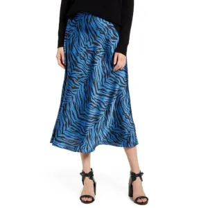 Rebecca Minkoff Zebra Print Midi Skirt Size 6 Sapphire Satin Twill Animal Print