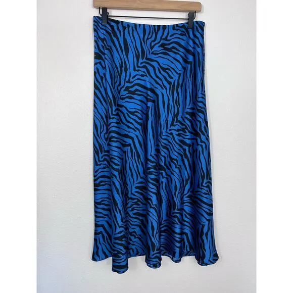Rebecca Minkoff Zebra Print Midi Skirt Size 6 Sapphire Satin Twill Animal Print