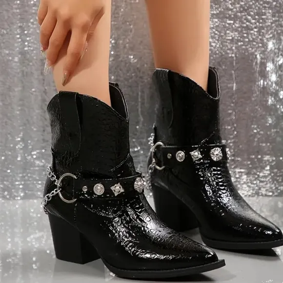 Red Croc-Embossed Western Ankle Boots