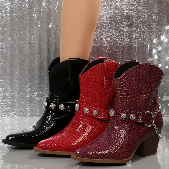 Red Croc-Embossed Western Ankle Boots