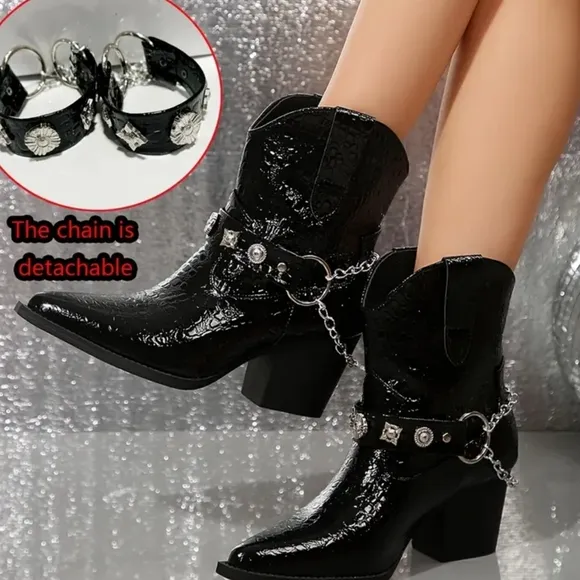 Red Croc-Embossed Western Ankle Boots