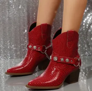 Red Croc-Embossed Western Ankle Boots