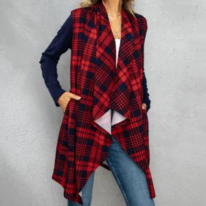 Red Plaid Open Front Cardigan
