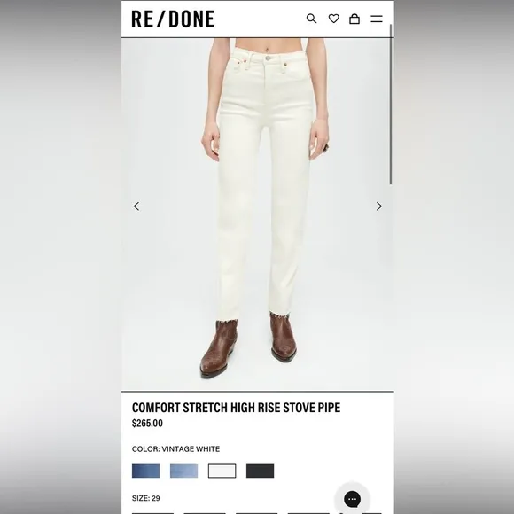 Re/Done Sz 29 Comfort Stretch High Rise 70s Stove Pipe Vintage White Jeans