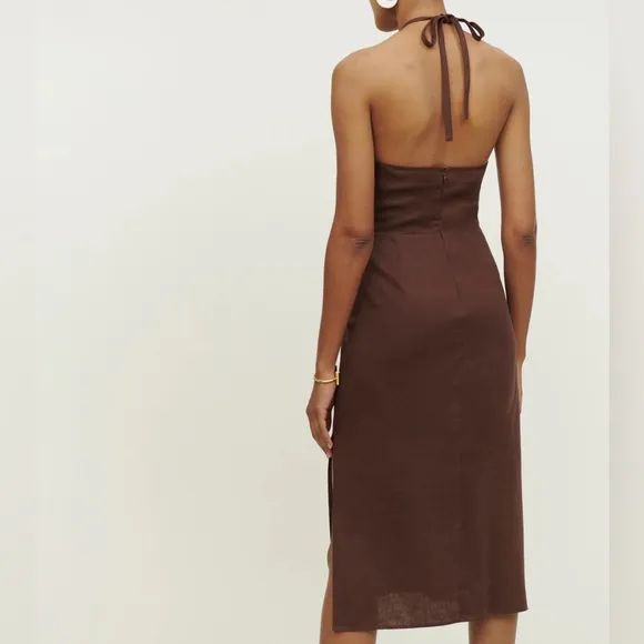 REFORMATION Santino Halter Midi Dress in Cafe Brown Linen Size 0 Pre-❤️
