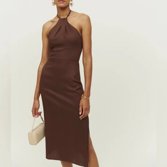 REFORMATION Santino Halter Midi Dress in Cafe Brown Linen Size 0 Pre-❤️