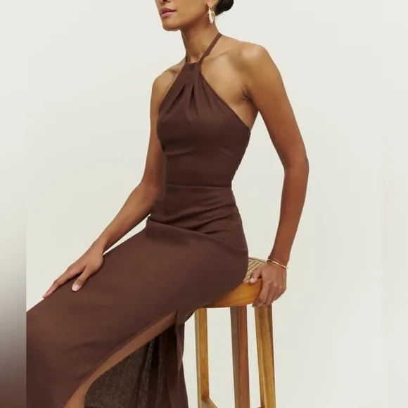 REFORMATION Santino Halter Midi Dress in Cafe Brown Linen Size 0 Pre-❤️