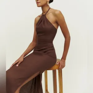 REFORMATION Santino Halter Midi Dress in Cafe Brown Linen Size 0 Pre-❤️