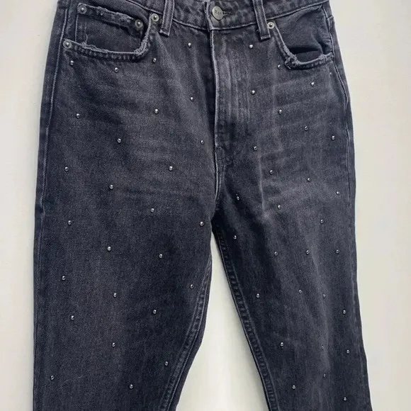 Reformation Harley Jean Silver Studded Pacific Black Faded Denim Size 26