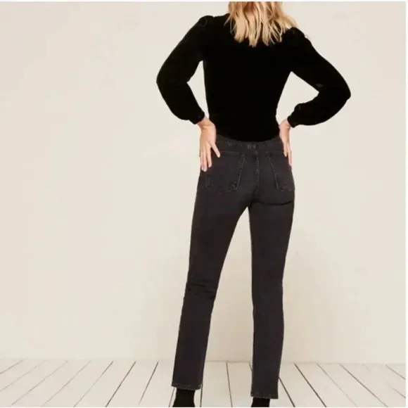 Reformation Harley Jean Silver Studded Pacific Black Faded Denim Size 26