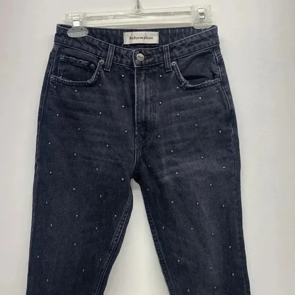 Reformation Harley Jean Silver Studded Pacific Black Faded Denim Size 26