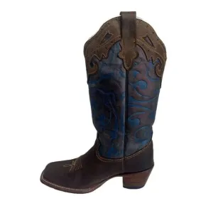 Reyme Brown Leather Blue Inlay Cowgirl Boots Square Toe Women’s Size 8