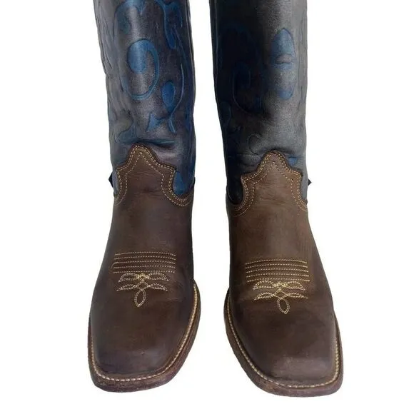 Reyme Brown Leather Blue Inlay Cowgirl Boots Square Toe Women’s Size 8