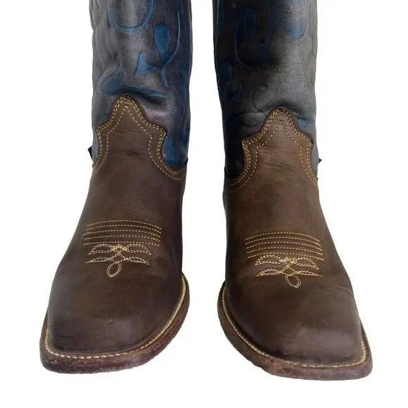 Reyme Brown Leather Blue Inlay Cowgirl Boots Square Toe Women’s Size 8