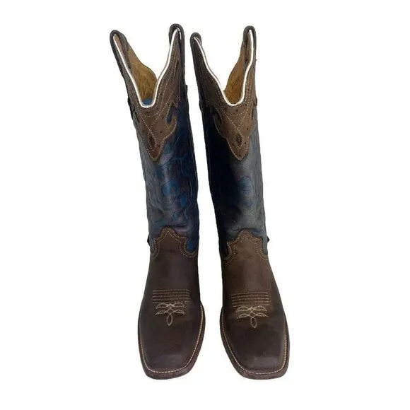 Reyme Brown Leather Blue Inlay Cowgirl Boots Square Toe Women’s Size 8