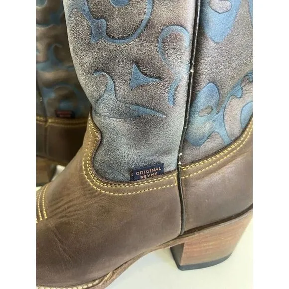 Reyme Brown Leather Blue Inlay Cowgirl Boots Square Toe Women’s Size 8