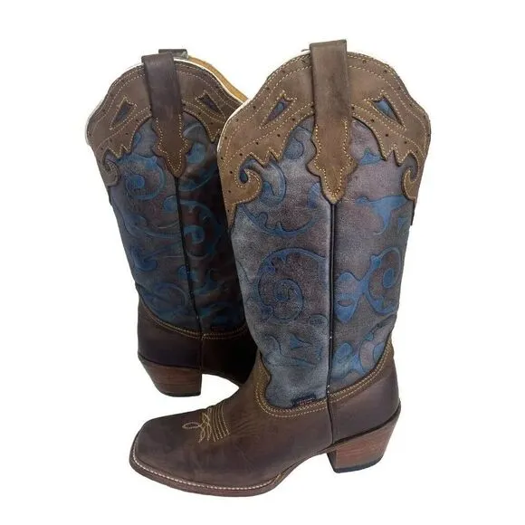 Reyme Brown Leather Blue Inlay Cowgirl Boots Square Toe Women’s Size 8