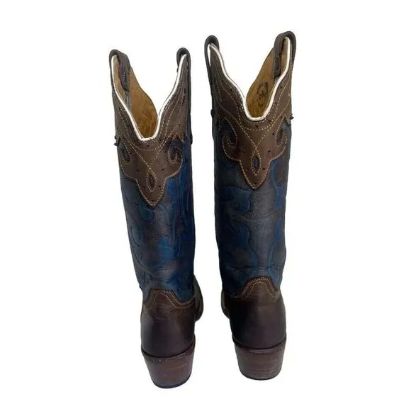 Reyme Brown Leather Blue Inlay Cowgirl Boots Square Toe Women’s Size 8