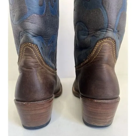 Reyme Brown Leather Blue Inlay Cowgirl Boots Square Toe Women’s Size 8