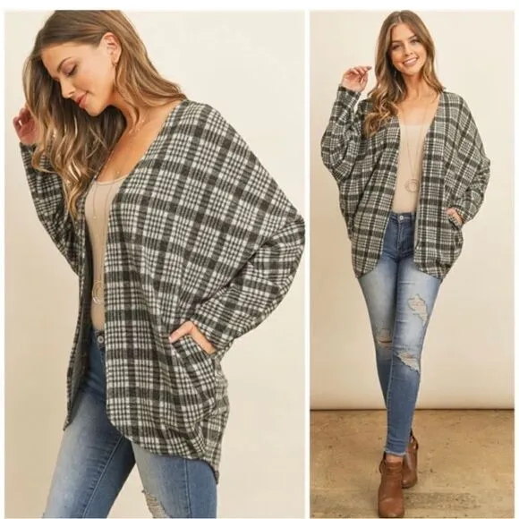 Riah Fashion Gray Open Plaid Cardigan with Pockets L