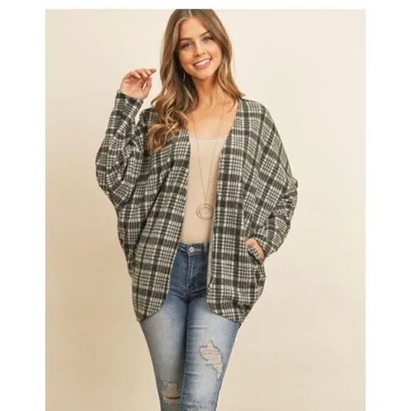 Riah Fashion Gray Open Plaid Cardigan with Pockets L