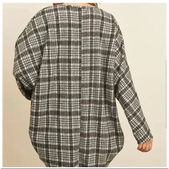 Riah Fashion Gray Open Plaid Cardigan with Pockets L