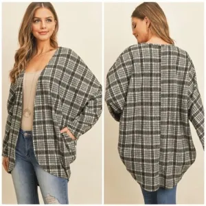 Riah Fashion Gray Open Plaid Cardigan with Pockets L