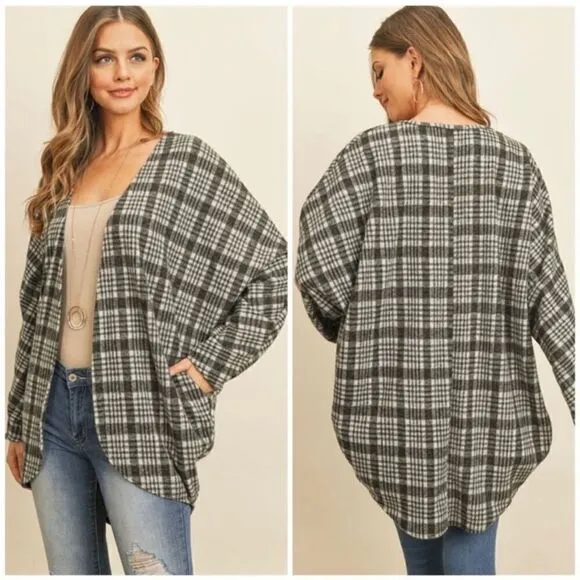 Riah Fashion Gray Open Plaid Cardigan with Pockets L