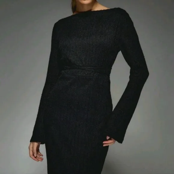 Rib Knit Boat Neck Long Sleeves Maxi Dress