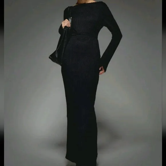 Rib Knit Boat Neck Long Sleeves Maxi Dress