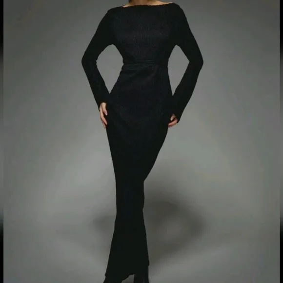 Rib Knit Boat Neck Long Sleeves Maxi Dress